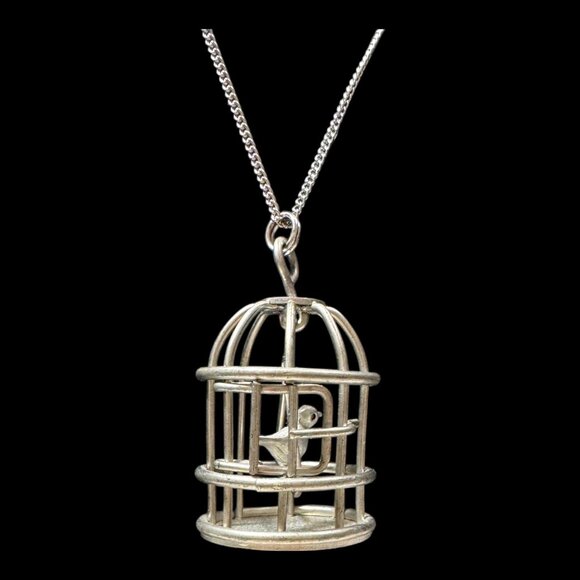 Silver Birdcage Pendant Necklace With Delicate Chain Unique Vintage Accessory - Picture 5 of 13
